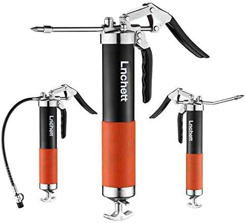 Lnchett Grease Gun with Quick Release Coupler, 9000 PSI Professional Heavy Duty 14 oz Pistol Grip Grease Gun with 18 Inch Spring Flex Hose, 1 Extension Rigid Pipe and1 Sharp Nozzle Included