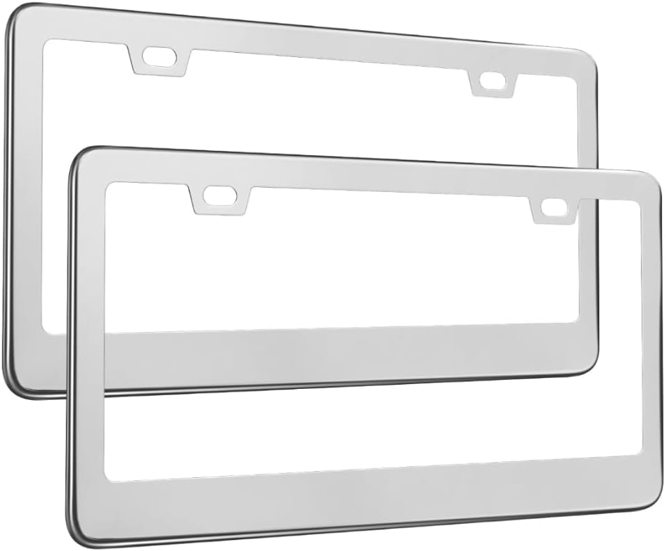 OKLPF Silver (Stainless Steel Color) License Plate Holder, Stainless Steel License Plate Holder, License Plate Front and Back 2-Pack. (2 Hole), Nuts, Screws and Washers Included
