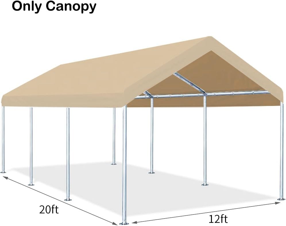Rutile 12'x20' Carport Canopy ONLY Tent Garage Replacement Top Tarp Car Shelter Cover w/Ball Bungees Beige (Only Top Cover, Frame is not Included)