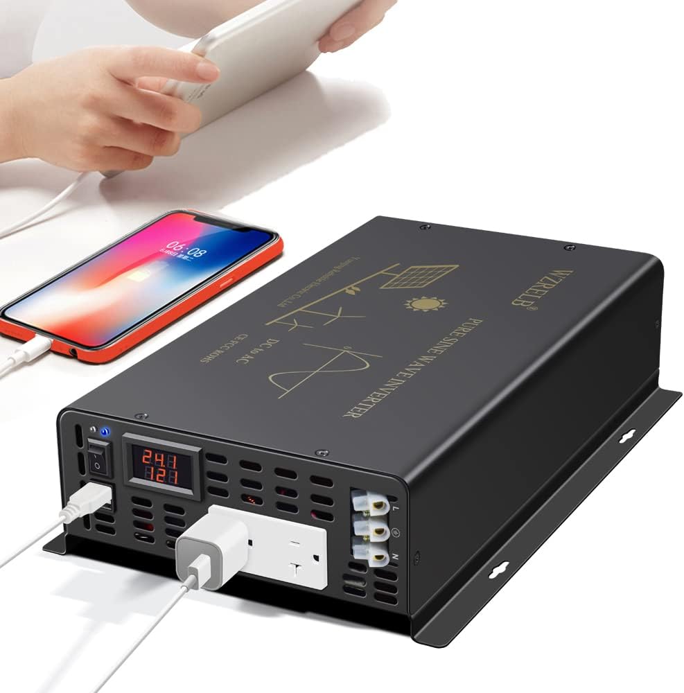 WZRELB 2500W Pure Sine Wave Power Inverter 24VDC to 120VAC 60HZ Dual AC Outlets 2× 2.4A USB Port&Hardwire Terminal Off-Grid Solar Converter RV Trucks Home