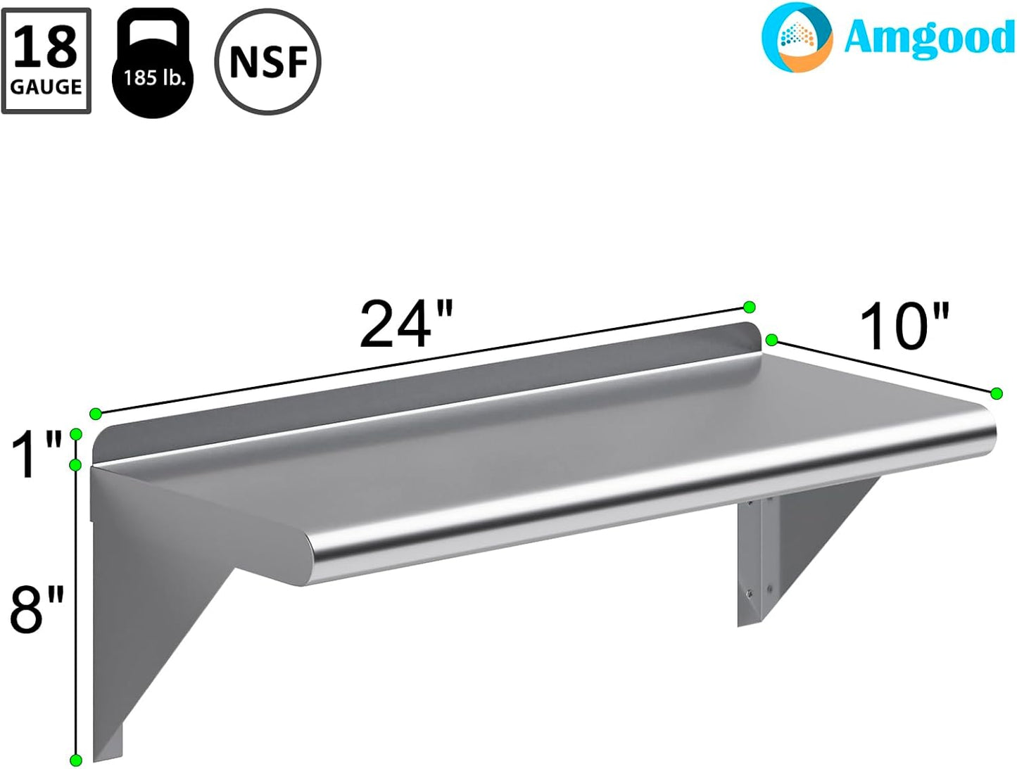 AmGood 24" Long X 10" Deep Stainless Steel Wall Shelf | NSF Certified | Appliance & Equipment Metal Shelving | Kitchen, Restaurant, Garage, Laundry, Utility Room