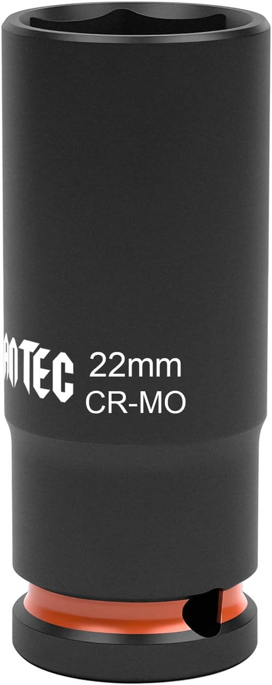 1/2 Inch Drive - 22mm Deep Impact Socket with Anti-Rounding 6 Point Design, Heat-Treated Cr-Mo Steel, Automotive, Truck Maintenance, Heavy Equipment Repair