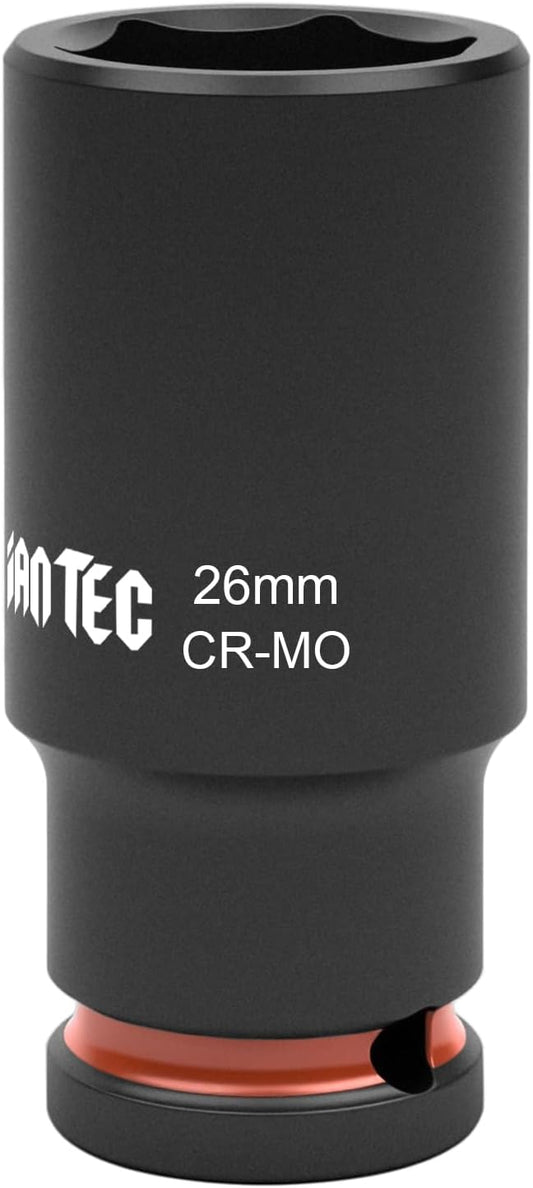1/2 Inch Drive - 26mm Deep Impact Socket with Anti-Rounding 6 Point Design, Heat-Treated Cr-Mo Steel, Automotive, Truck Maintenance, Heavy Equipment Repair
