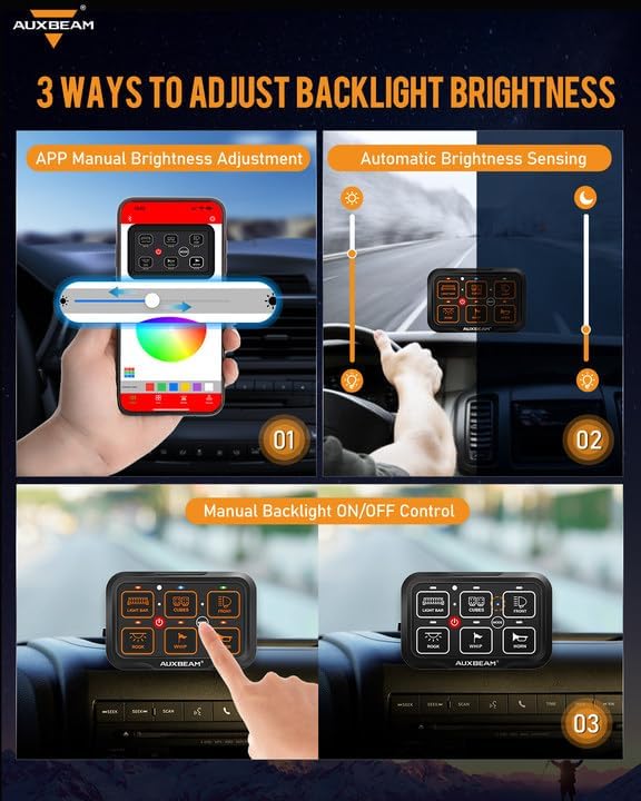 Auxbeam 6 Gang Switch Panel Bluetooth RGB AR-600 with Toggle Momentary Pulsed Modes Multifunctional Switch pod with Manual and Automatic Backlit Control Boat Switch Panel for Truck Car ATV Waterproof
