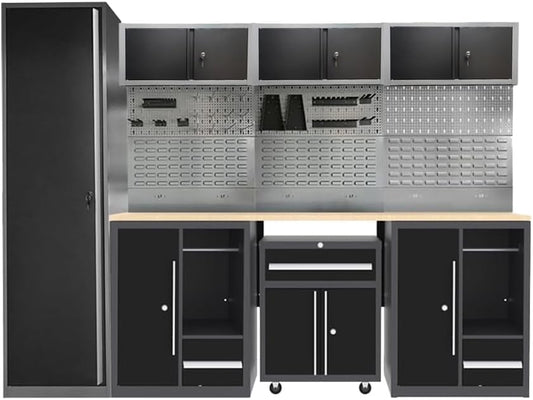 JZD Garage Workbench Set, Metal Tool Cabinet System with Overhead Storage, for Workshop Organization