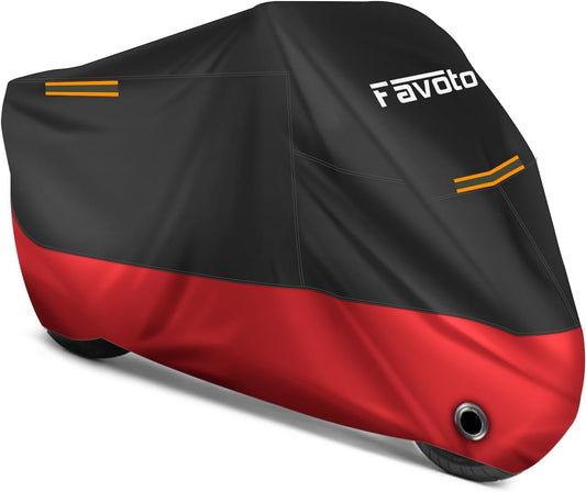Favoto Motorcycle Cover Waterproof Outdoor - Universal Fit Motorbike Cover with 3 Night Reflectors Lock-Hole Carrying Bag Windproof Dustproof Rain Sun Protection (116 inch Length)