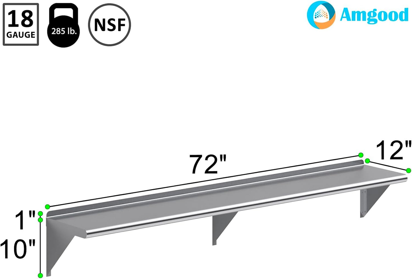 AmGood 72" Long X 12" Deep Stainless Steel Wall Shelf | NSF Certified | Appliance & Equipment Metal Shelving | Kitchen, Restaurant, Garage, Laundry, Utility Room