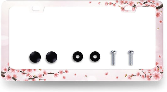 Cherry Blossom License Plate Frame Floral Pink Flowers License Plate Holder Stainless Steel Colorful Design Compatible with Standard License Plate for USA Canada 12.3" x 6.3" with 2 Screws