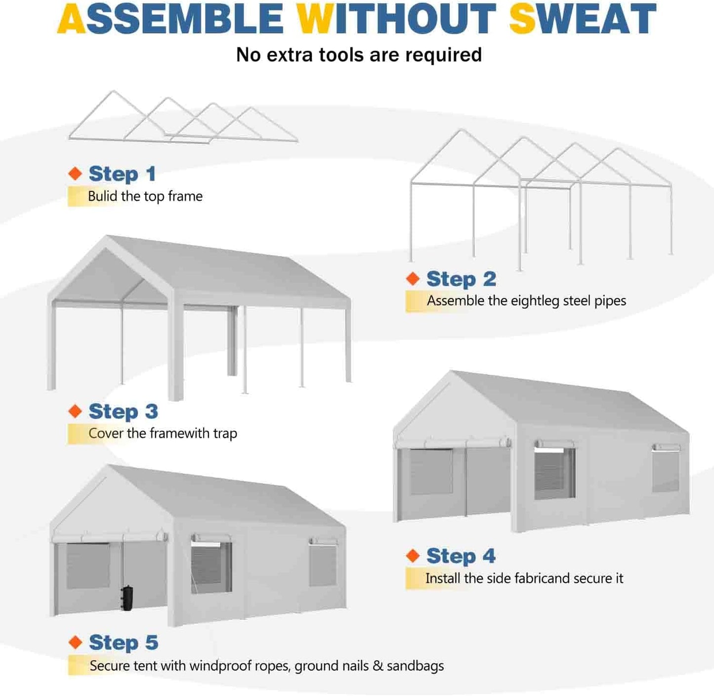 JAMFLY 12x20 ft Heavy Duty Carport with Roll-up Windows & Removable Sidewalls & Doors – Portable Garage Canopy with All-Season Tarp, Sandbags for Car, Truck, Boat, Motorcycle, White