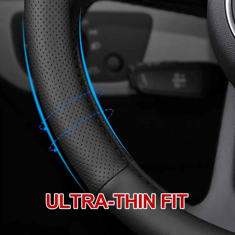 New Nappa Leather car Steering Wheel Cover, Anti-Slip, Safety, Soft, Breathable Full Surround Universal 15 inch Black