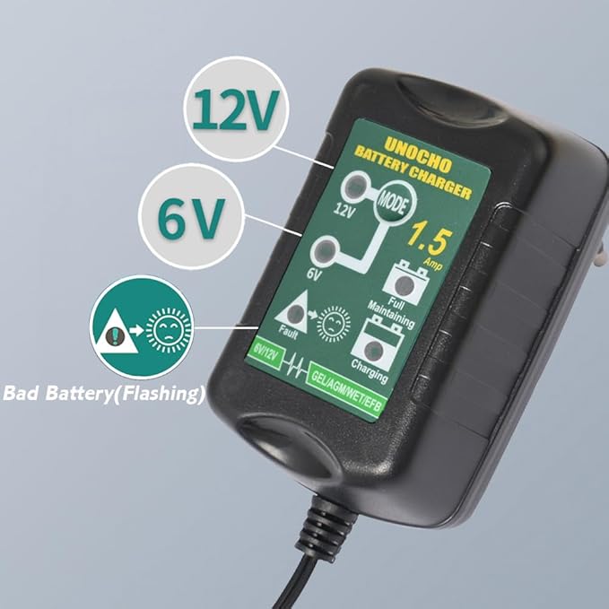 6V 12V Battery Charger 1.5A Automatic Battery maintainer trickle Battery Charger Smart Float Charger for auto car Motorcycle Lawn Mower Boat Motorcycle Snowmobile
