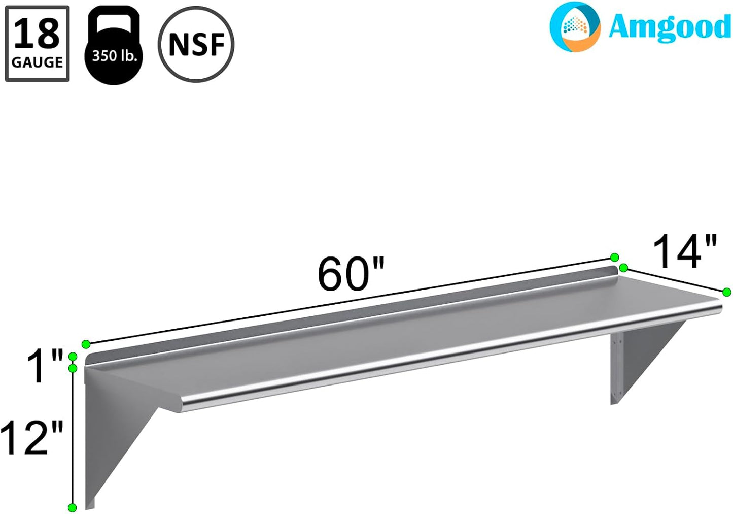 AmGood 60" Long X 14" Deep Stainless Steel Wall Shelf | NSF Certified | Appliance & Equipment Metal Shelving | Kitchen, Restaurant, Garage, Laundry, Utility Room