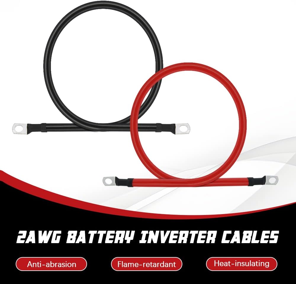 A ABIGAIL 2 AWG Battery Cable 2AWG Gauge Pure Copper Battery Inverter Cables with 3/8 in Lugs Both Ends Power Inverter Wire Set for Automotive Solar Marine Boat RV Car Motorcycle Red and Black (2FT)