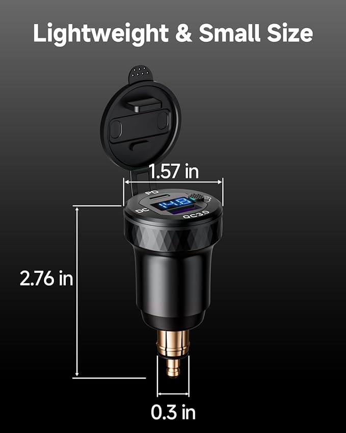 Motorcycle USB Charger, Waterproof 18W QC3.0 & 30W PD3.0 DIN Plug to USB Adapter with On-Off Switch & Voltmeter, Aluminum Phone Charger for 12V/24V BMW Ducati Triumph