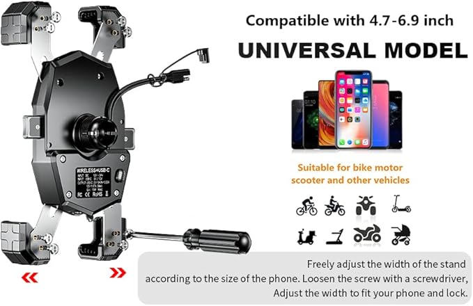 Kewig Motorcycle Phone Mount with Qi 15W Wireless Charger & USB C 20W Fast Charging Port, One-Push Automatically Lock & Quick Release Handlebar Phone Holder for 4.0-6.9" Phone