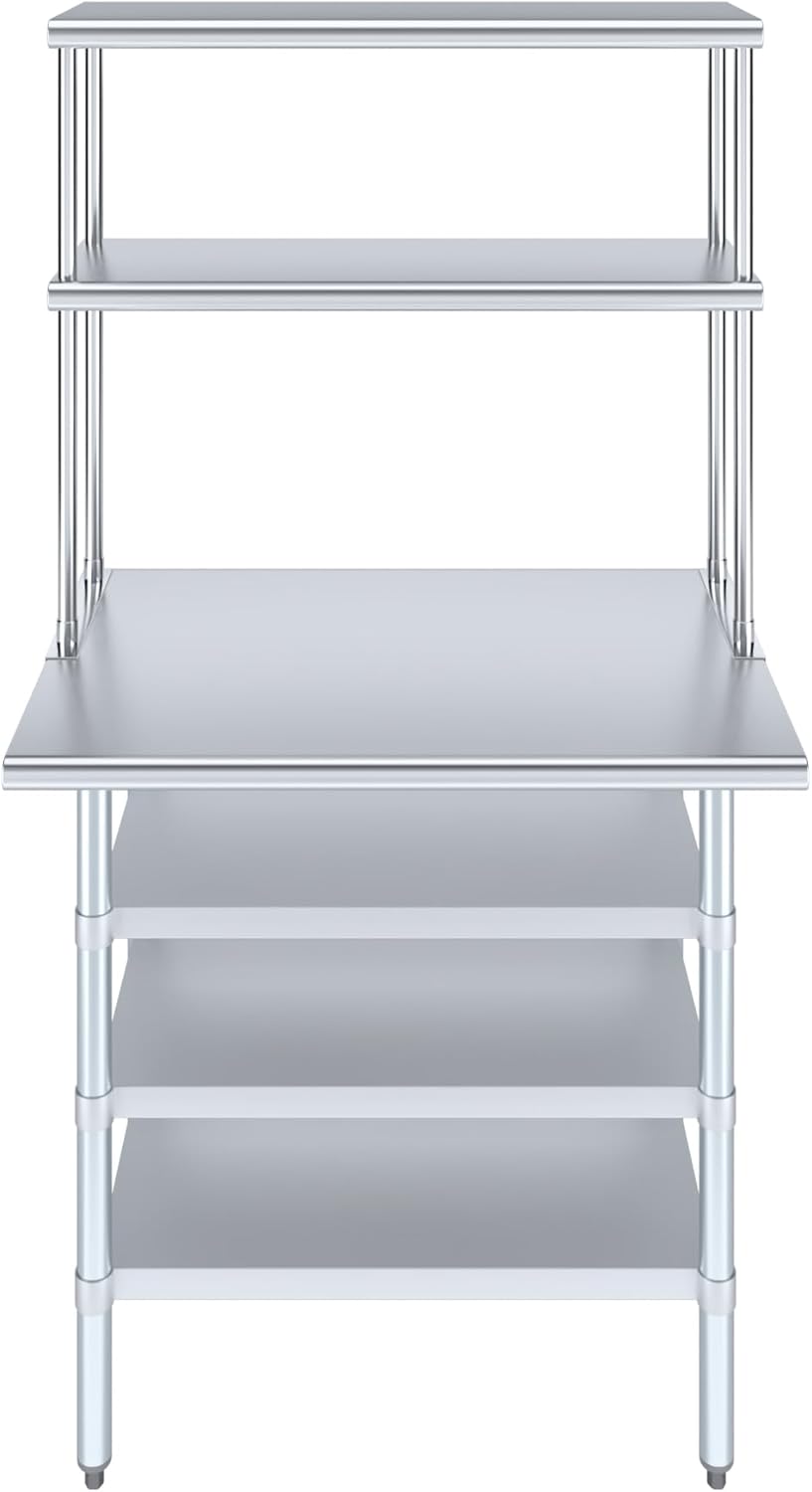 Amgood 24" x 36" Stainless Steel Work Table with 3 Shelves and 12" Wide Double Tier Overshelf | Metal Kitchen Prep Table & Shelving Combo | NSF