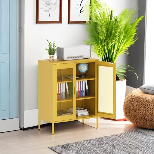 Metal Storage Cabinet with Mesh Doors,Steel Display Cabinet with Adjustable Shelves,Metal Office Storage Locker for Home Office,Garage(Yellow, 40''H)