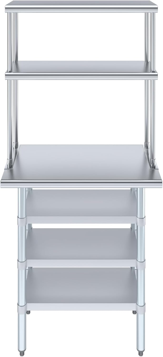 Amgood 18" x 30" Stainless Steel Work Table with 3 Shelves and 12" Wide Double Tier Overshelf | Metal Kitchen Prep Table & Shelving Combo | NSF