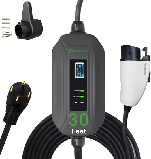 PRIMECOM Level 2 EV Charger 220/240V, 16A, 30ft & 50ft, Portable EVSE Electric Vehicle Charging Cable Compatible with Bolt Volt Leaf BMW i3 Fiat 500e Clarity NIRO Prius (14-50P, 30 Feet)