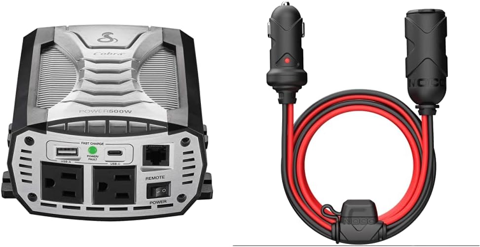 Cobra Power 500W Power Inverter, Portable – 500-Watt Car Charger, 2 Grounded AC Outlets & NOCO GC019 15A 14AWG 12V Adapter, Heavy-Duty Cigarette Lighter Plug, and Male to Female Socket