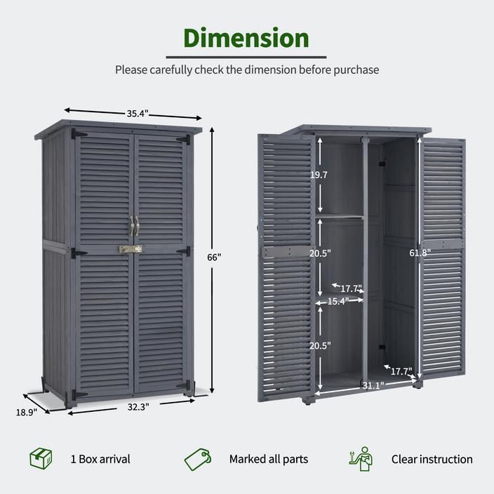 MCombo Outdoor Storage Cabinet, Wooden Storage Shed with Latch, Outside Garden Tool Shed with 2 Doors for Patio Yard Lawn, 0808 (Grey, Medium)