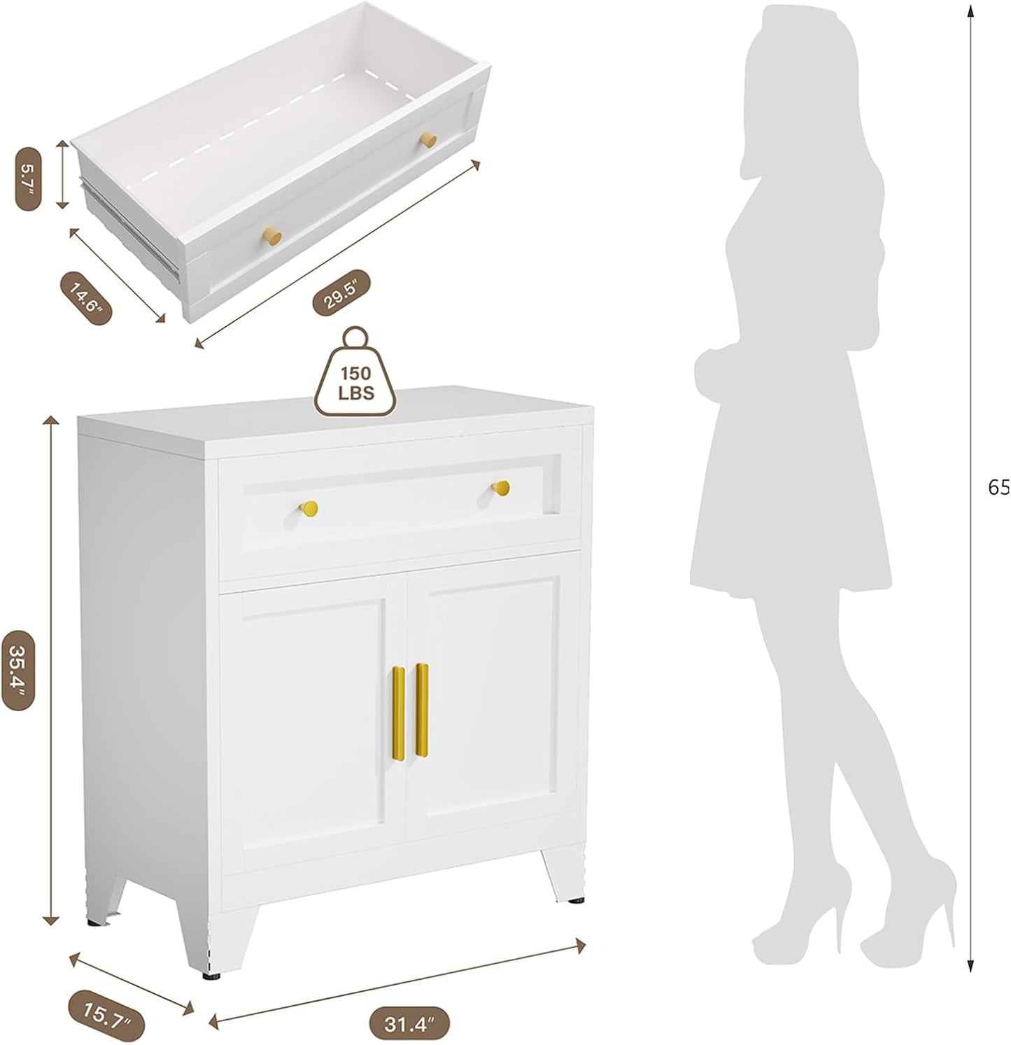 Metal Sideboard Cabinet with Big Drawers,Farmhouse Coffee Bar with One Adjustable Shelves,Buffet Cabinet,Metal Storage Cabient for Kitchen, Dining Room, Entryway, White