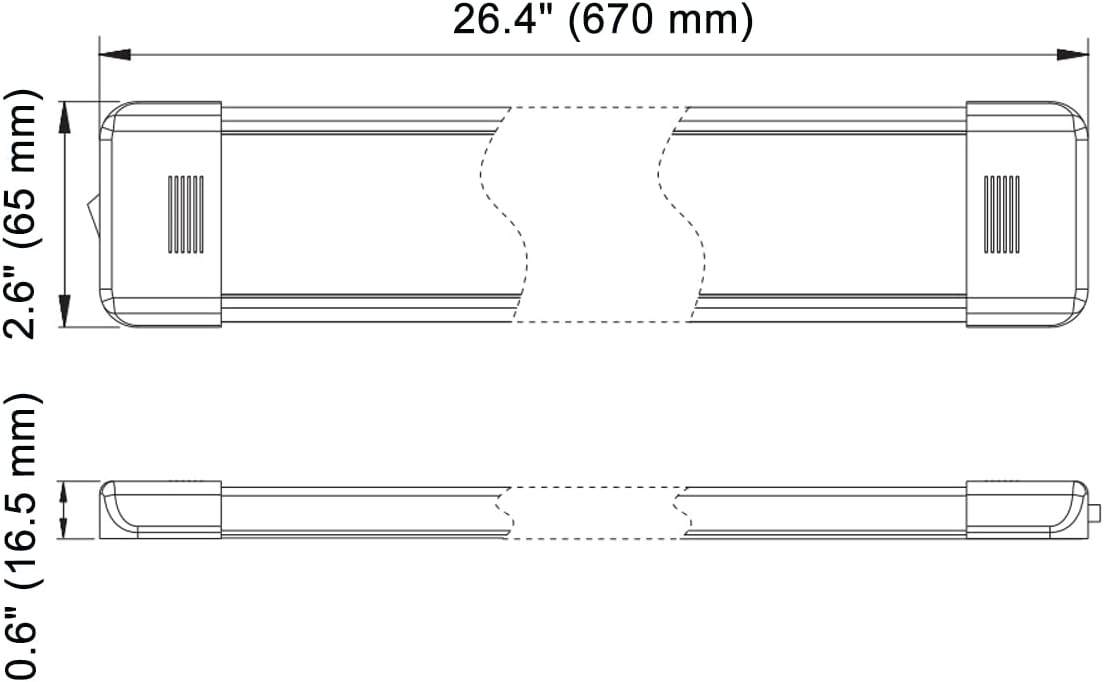 LED Interior Utility Light Fixture 26.4" x 2.6", High Lumen-Output Low Current Draw Energy Efficient, Frosted Lens 6000K Cool-White Even Diffused Beam, On/Off Rocker Switch 12V-24V DC, 1-Pack