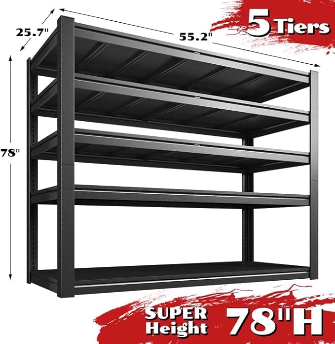 3050LBS Storage Shelves, 55.2" W Garage Shelving Heavy Duty, Adjustable Metal Shelving Unit, Storage Rack for Garage, Basement, Warehouse with Tool-Free Assembly, 55.2" W x 25.7" D x 78" H