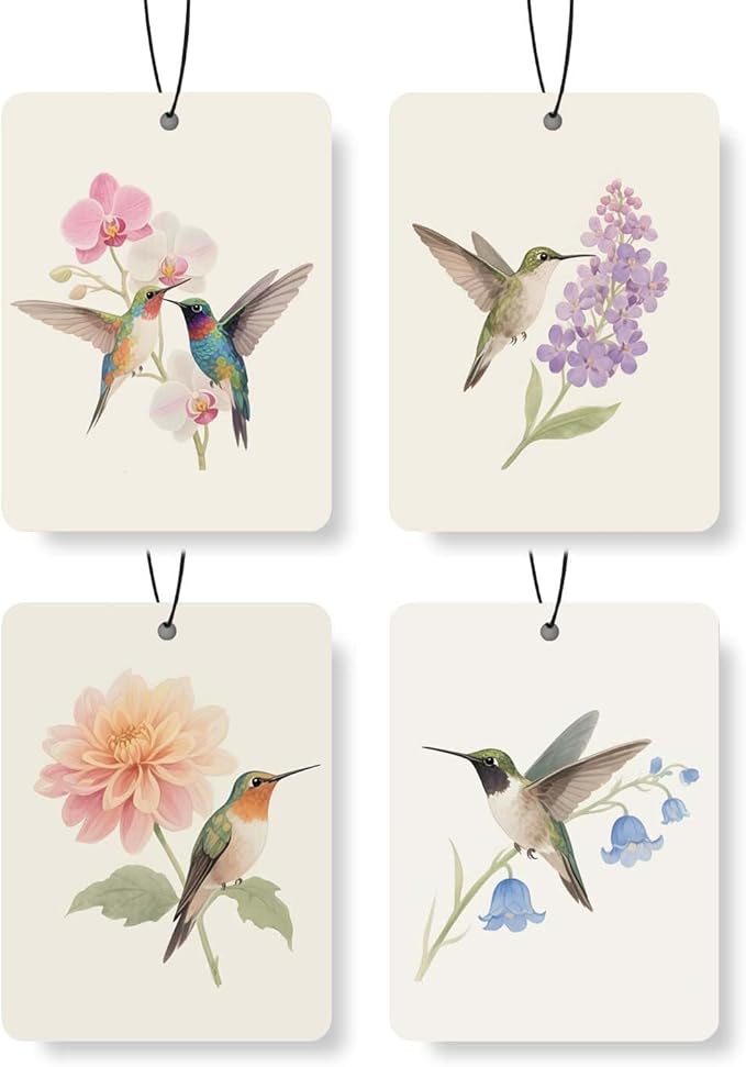 Hummingbird & Floral Car Air Freshener 4 Pcs, Watercolor Nature - Inspired Hanging Air Freshener for for Cars Closet Drawer Books, Car Accessories Mirror Decor for women.