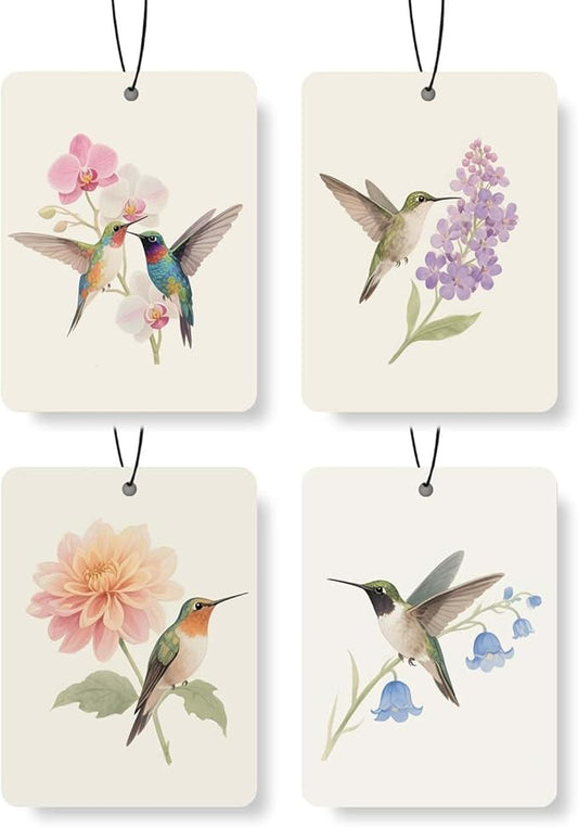 Hummingbird & Floral Car Air Freshener 4 Pcs, Watercolor Nature - Inspired Hanging Air Freshener for for Cars Closet Drawer Books, Car Accessories Mirror Decor for women.
