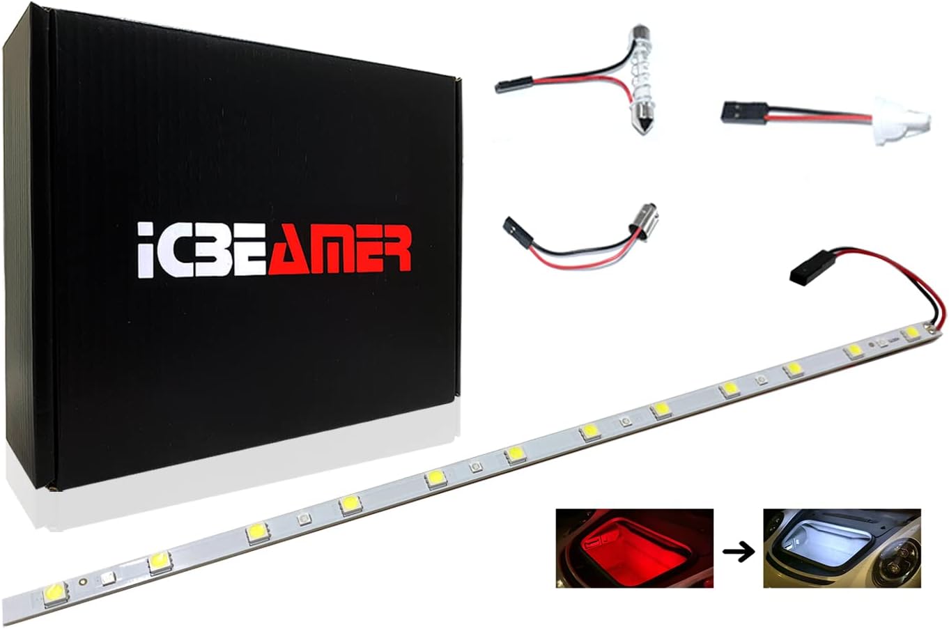 ICBEAMER 12" Red to White 18 SMDs 2835 LED Strip Light Universal Fit Car Trunk Cargo Area or Interior Illumination