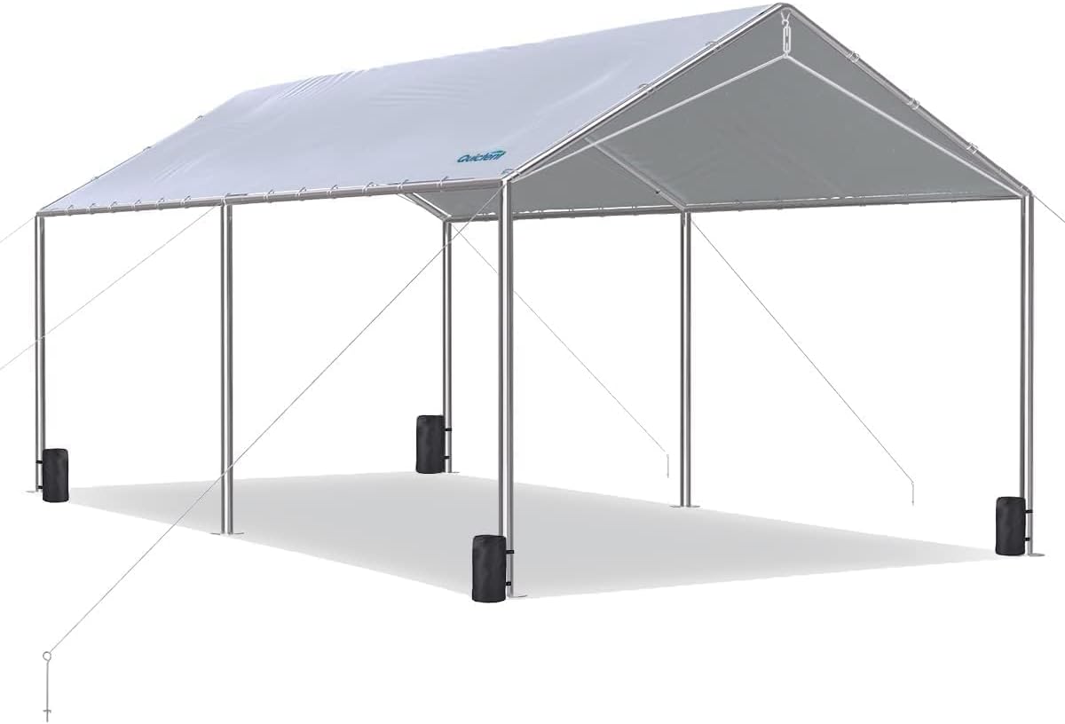Quictent 10x20 ft Heavy Duty Car Canopy Galvanized Frame Carport Outdoor Party Tent Boat Shelter with 3 Reinforced Steel Cables - Gainsboro