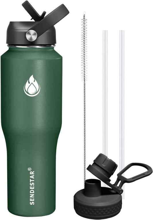 SENDESTAR 32oz Water Bottle Wide Mouth Stainless Steel Vacuum Insulated Double Wall with 2 Straw Lids Fit in Any Car Cup Holder TXIN-32-Dark Green