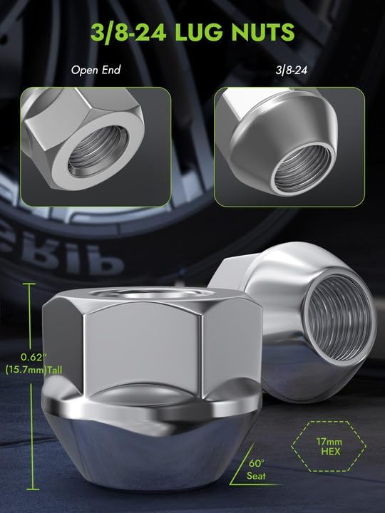 3/8"-24 Open End Lug Nuts - Replacement for Polaris Magnum RZR Sportsman Xplorer ATVs Wheel, Chrome 16PCS 17mm Hex 16mm Height Conical Bulge Seat Lug Nuts