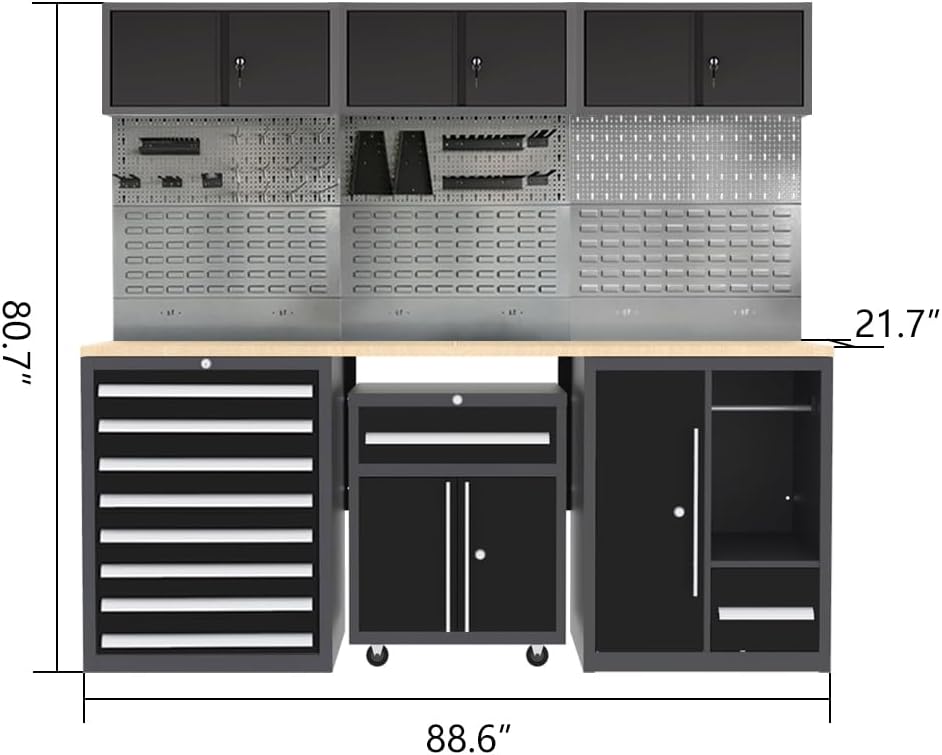 Garage Tool Storage Cabinet System with Wooden Tabletop, for Workshop Auto Repair Shop, No Wall Mounting Needed