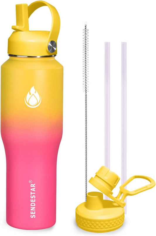 SENDESTAR 32oz Water Bottle Wide Mouth Stainless Steel Vacuum Insulated Double Wall with 2 Straw Lids Fit in Any Car Cup Holder TXIN-32-YP-1