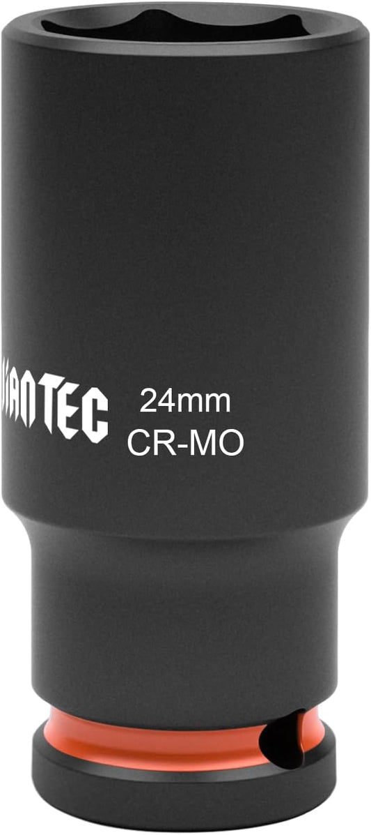 1/2 Inch Drive - 24mm Deep Impact Socket with Anti-Rounding 6 Point Design, Heat-Treated Cr-Mo Steel, Automotive, Truck Maintenance, Heavy Equipment Repair