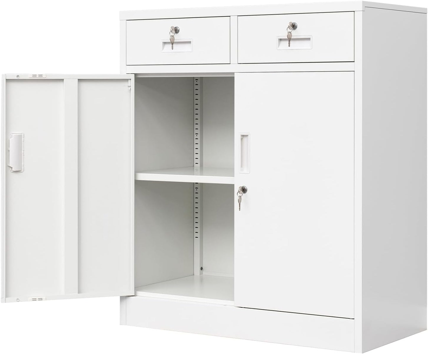 Metal Storage Cabinet, Locking Storage Cabinet with Adjustable Shelf, 36" H Metal Cabinets with Two Drawers for Office, Garage, Home-White