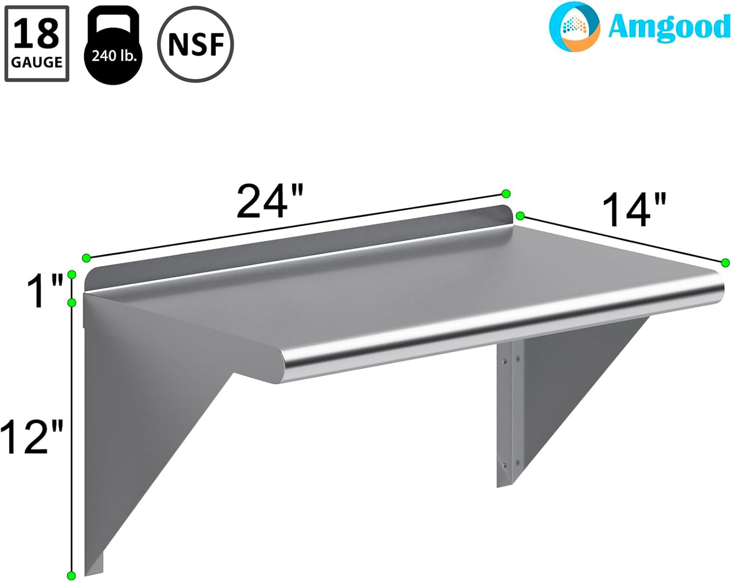 AmGood 24" Long X 14" Deep Stainless Steel Wall Shelf | NSF Certified | Appliance & Equipment Metal Shelving | Kitchen, Restaurant, Garage, Laundry, Utility Room
