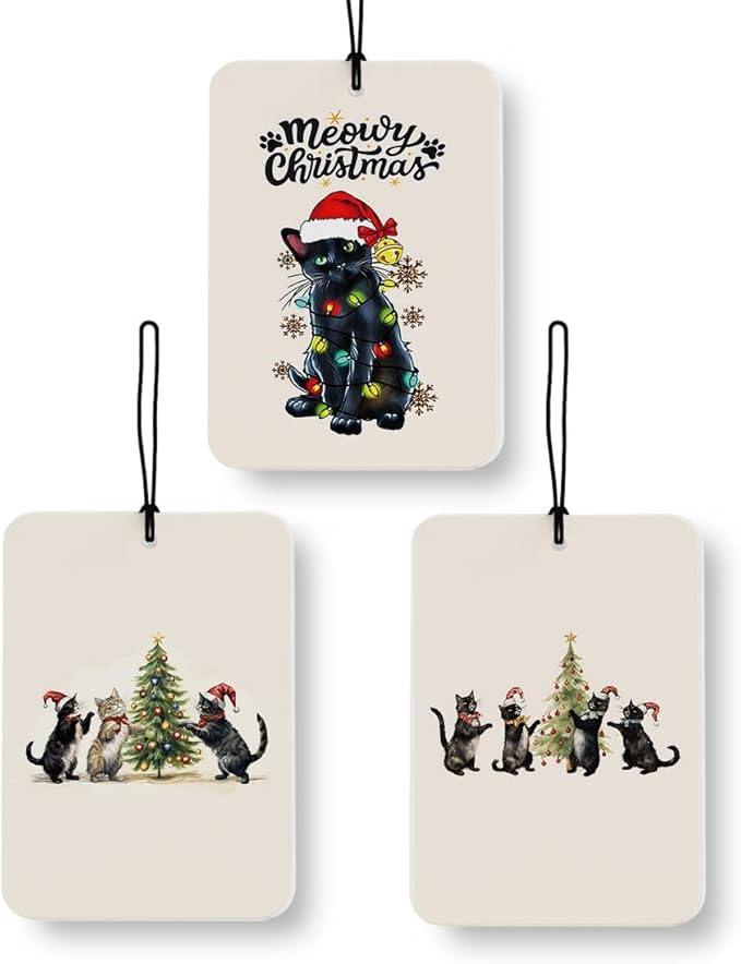 Black Cat Christmas Tree Car Air Freshener 3 Pcs, Cat Lover Gifts, Meowy Christmas Santa Kitten Kitty Air Freshener Hanging Decor for Cars Closet Drawer Books Accessories Gifts