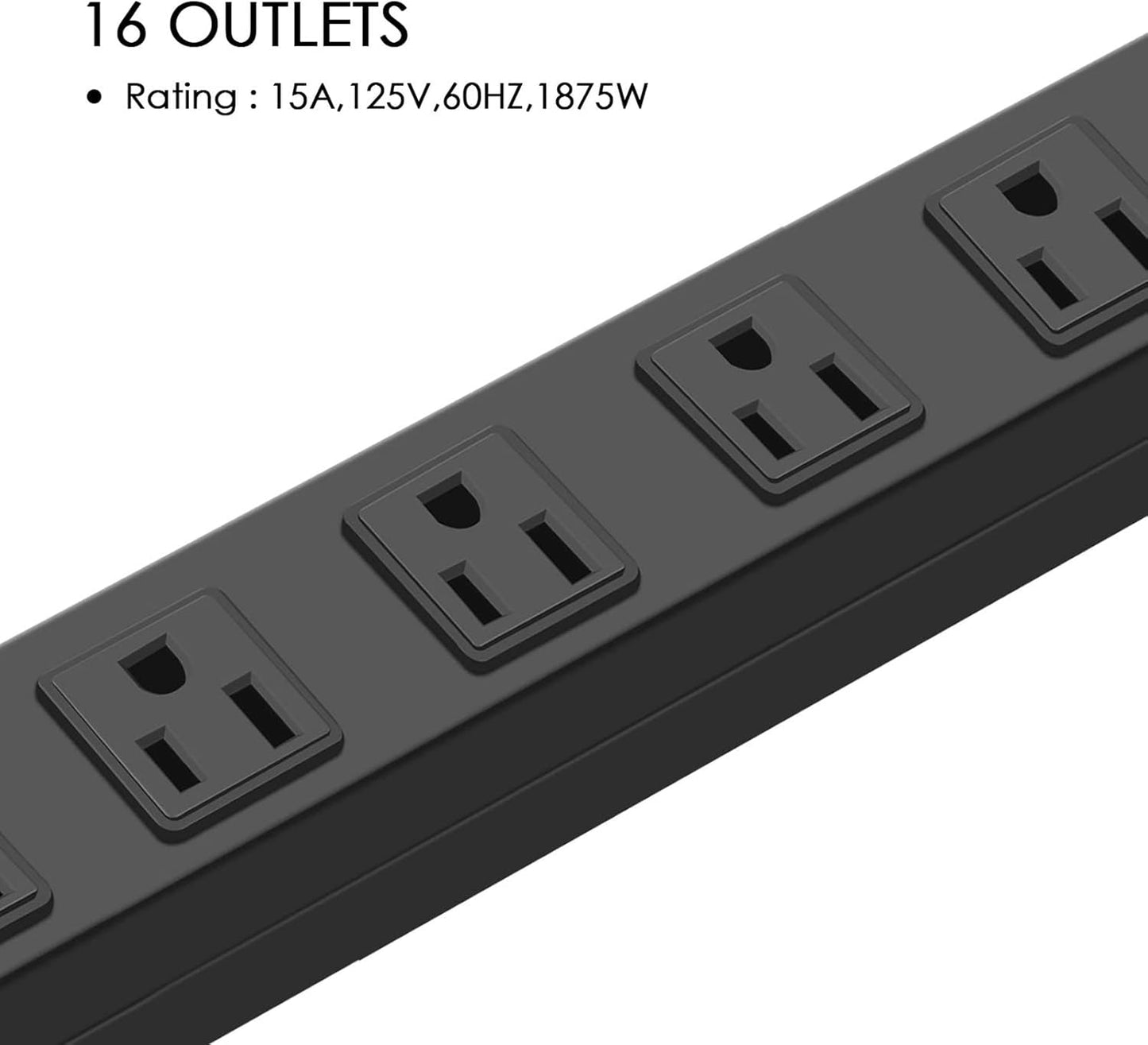 HHSOET Metal Wall Mount Power Strip, Mountable Power Outlet, Aluminum Alloy Mount Power Socket with Switch, 10 FT SJT 3/C 14AWG Power Cord, 15A 125V 1875W (16 Outlet) Black