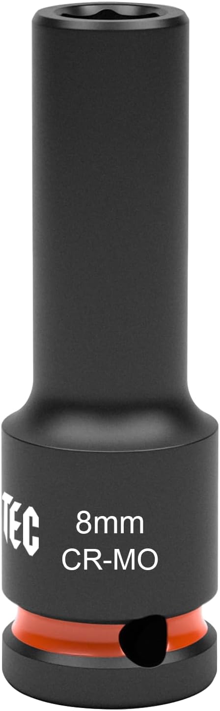 1/2 Inch Drive - 8mm Deep Impact Socket with Anti-Rounding 6 Point Design, Heat-Treated Cr-Mo Steel, Automotive, Truck Maintenance, Heavy Equipment Repair