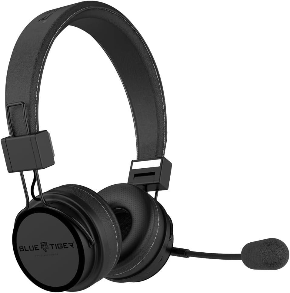 Blue Tiger Premium Elite Ultimate Single and Dual Ear 2-in-1 Bluetooth Headset – Professional Noise Cancellation Head Set with Microphone – USB-C Fast Charge & Long Battery Life