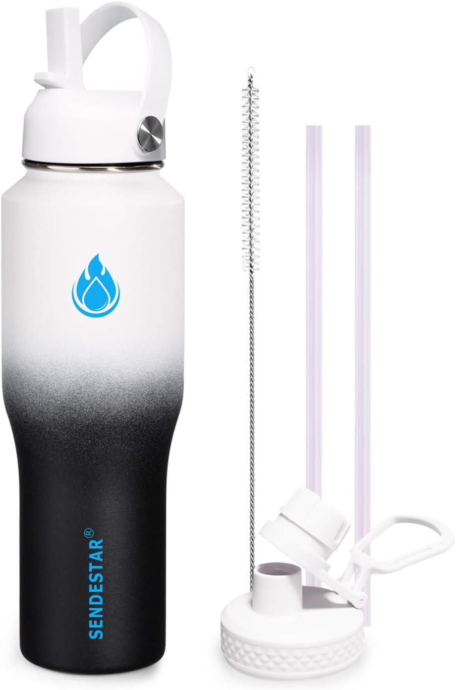 SENDESTAR 32oz Water Bottle Wide Mouth Stainless Steel Vacuum Insulated Double Wall with 2 Straw Lids Fit in Any Car Cup Holder TXIN-32-DN-1