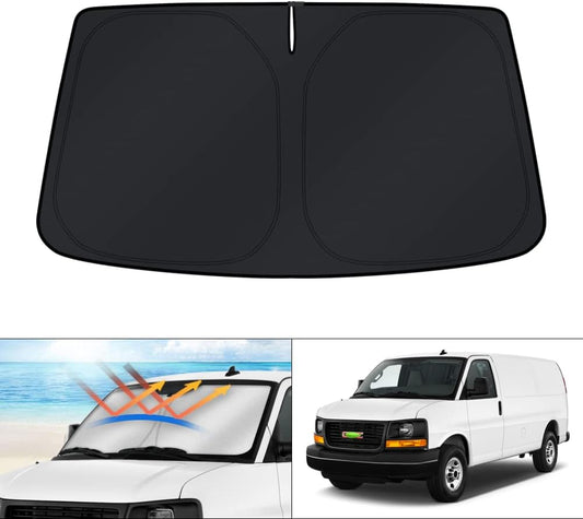 KUST Windshield Sun Shade for 1996-2024 GMC Savana Van Accessories, Passenger & Cargo Van Window Sunshade Sun Visor Protector Foldable Blocks UV Rays Keep Your Car Cooler