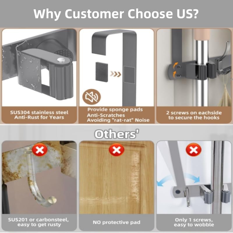 Broom Holder Over The Door Over Door Broom and Mop Rack Over The Door Hooks Organizer With4 Slots & 3 Hooks 1 Storage Basket For Laundry Room, Garage, Closet, Kitchen Decor (black)