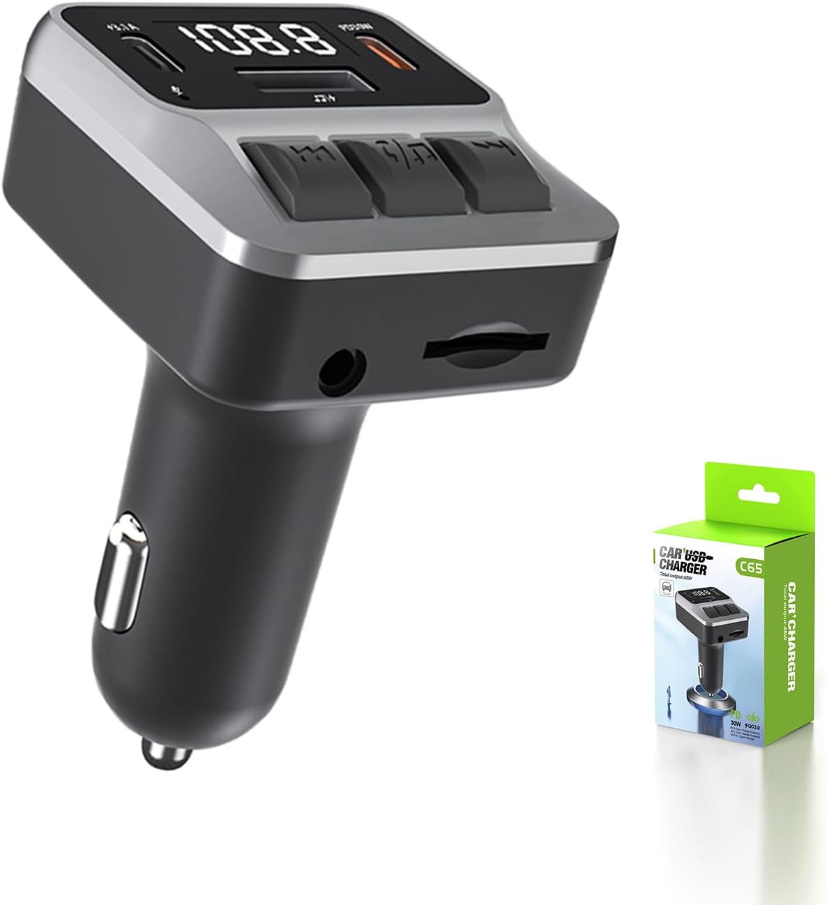 Car Bluetooth 5.3 FM Transmitter，with Dual PD 30W Type-C Car Fast Charging and Support USB Port Bluetooth Adapter, Hands-Free Calling，Support AUX, TF Card，U Disk(C65)