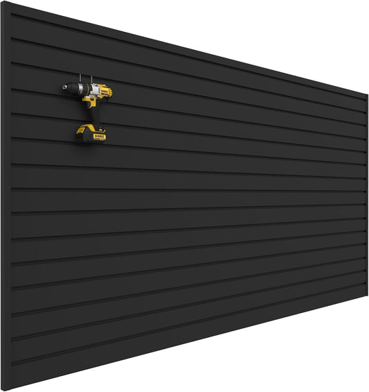 Slatwall Panel Garage Wall Organizer: Heavy Duty Wall Mounted PVC Wall Rack, Interlocking Slat Wall Paneling for Garage Wall Storage, Slatwall Board, Slatwall Shelves System -Black (8’H x 4’W)
