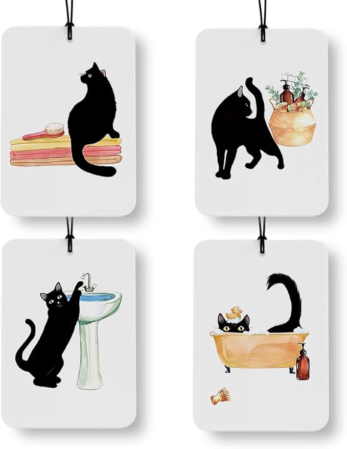 Funny Black Cat Bathroom Car Air Freshener 4 Pcs, Cat Mom Lady Lovers Gifts Air Freshener Hanging Decor for Cars Closet Drawer Books Bathroom Washroom Toilet Restroom
