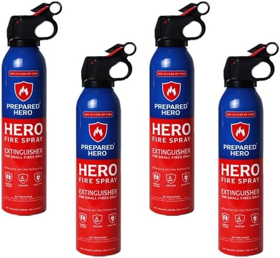 Prepared Hero Fire Spray - Mini Fire Extinguishers for House, Car, Garage - Kitchen Small Fire Extinguisher for Home, Made in USA, 100% Organic - Compact, Portable & Easy to Use, Non-Toxic - 4 Pack